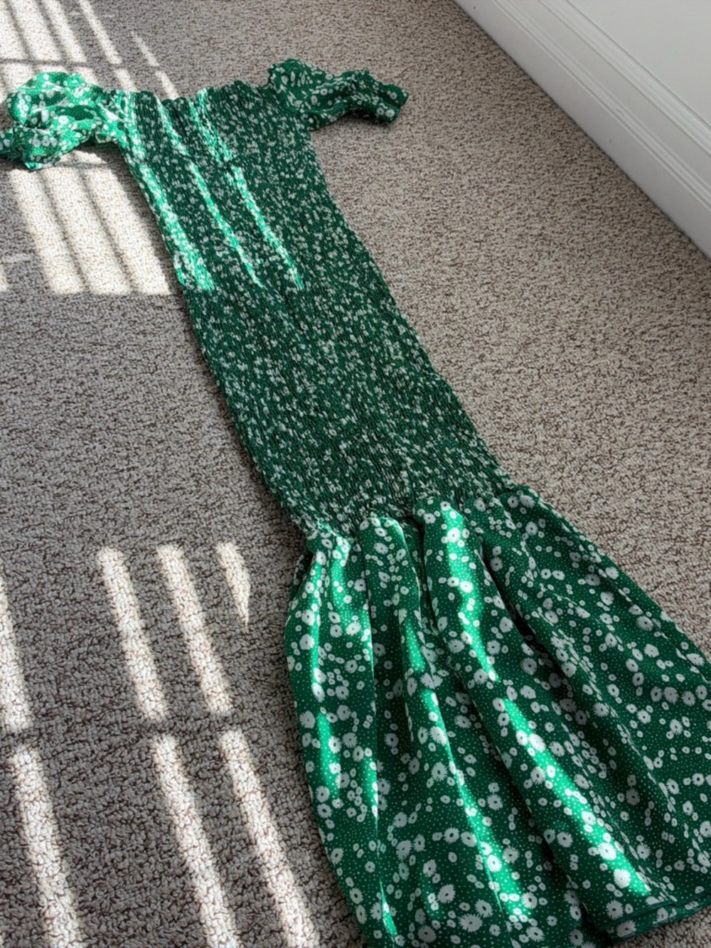Women’s Green Floral Smocked Maxi Dress for Girls